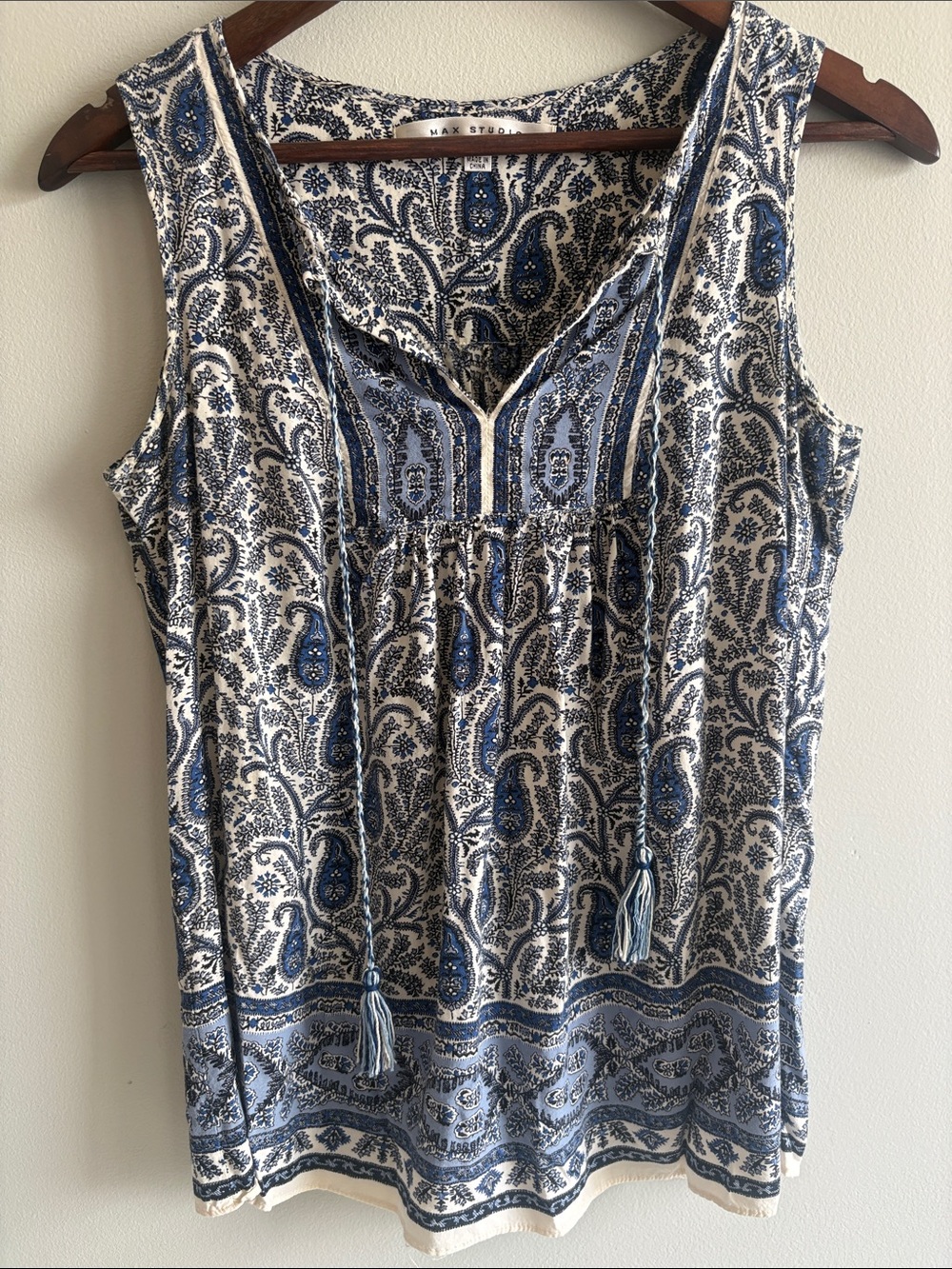 Max Studio‎ Blue White Paisley Tassel Tank Top Boho Peasant Small